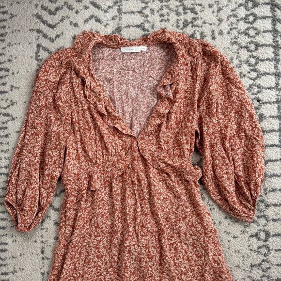 Lush Rust Floral V-Neck Ruffle Midi Dress Size Small - Picture 3 of 6